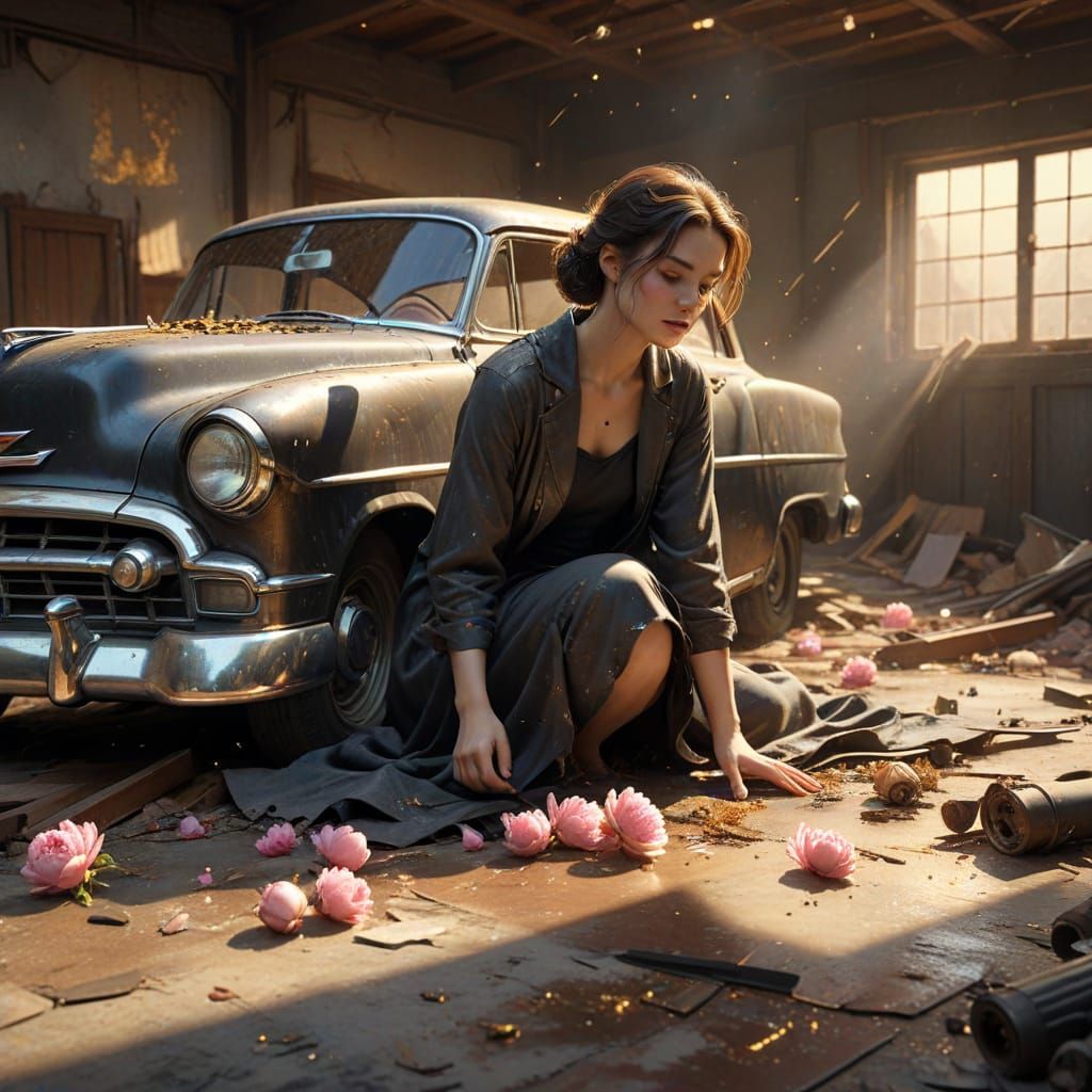 Ink Illustration of Woman Repairing Classic Car