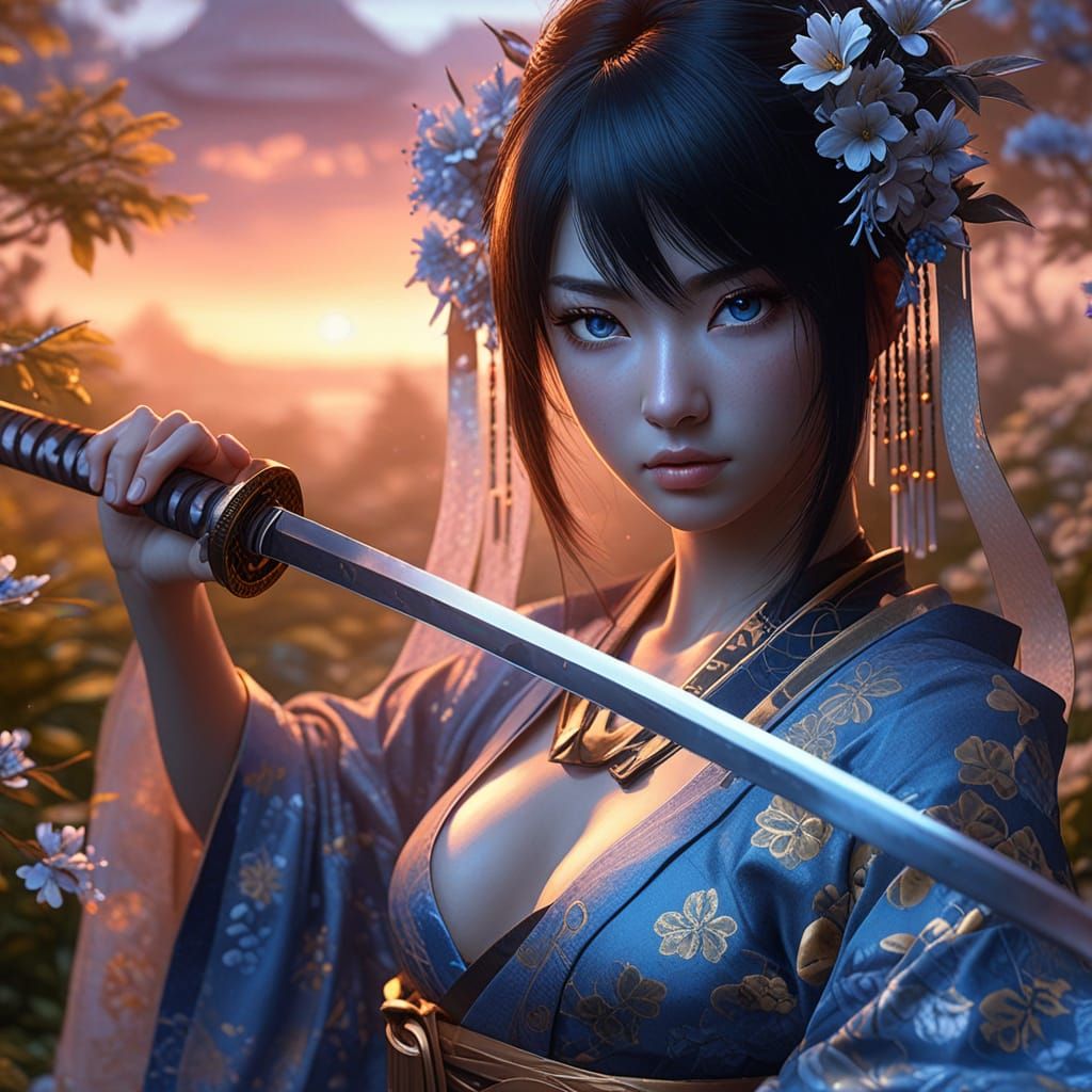 Hiperdetailed, Kunoichi black hair whit blue eyes