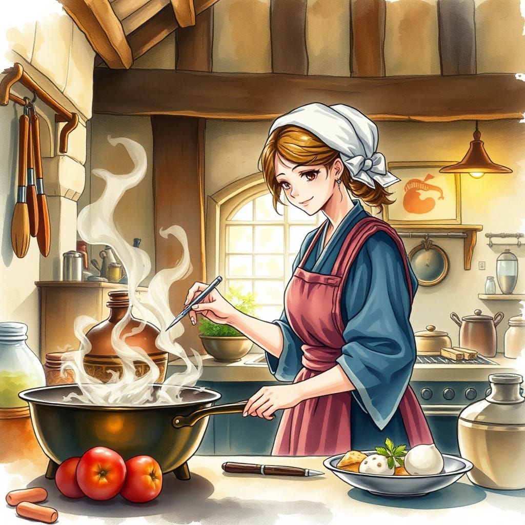 Watercolor Painting of Woman Cooking in Medieval Kitchen