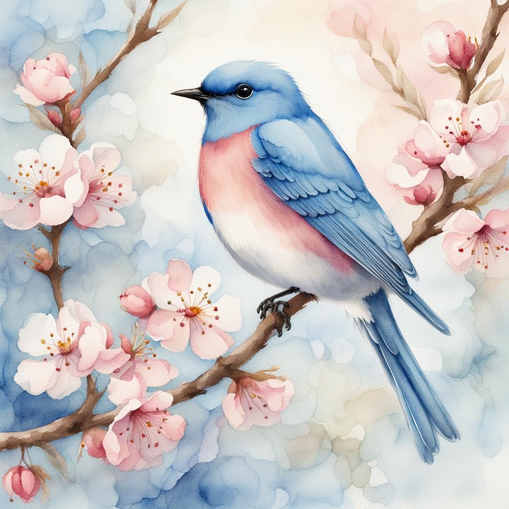 Blue Bird on Cherry Branch in Watercolor Poster Art