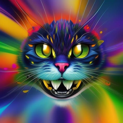 Cheshire Cat on Tree Bench: Detailed Mixed Media Art