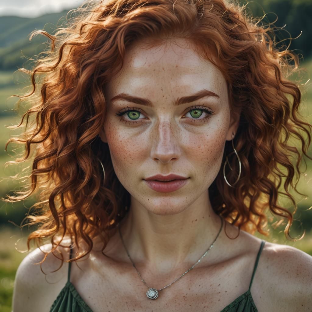 Redhead Woman Portrait with Green Eyes in Matte Painting Sty...