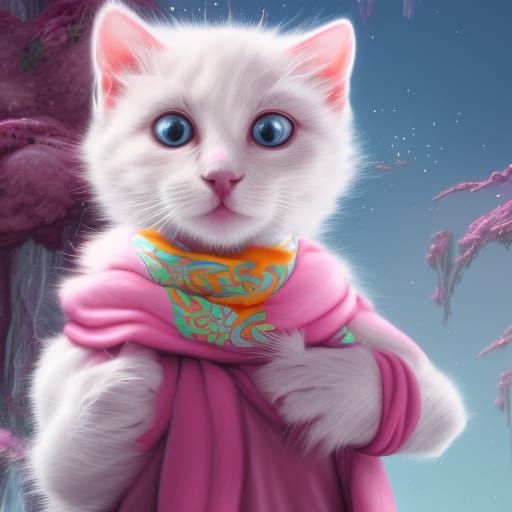 Cute Kitten in Pink Hat, Detailed Digital Art