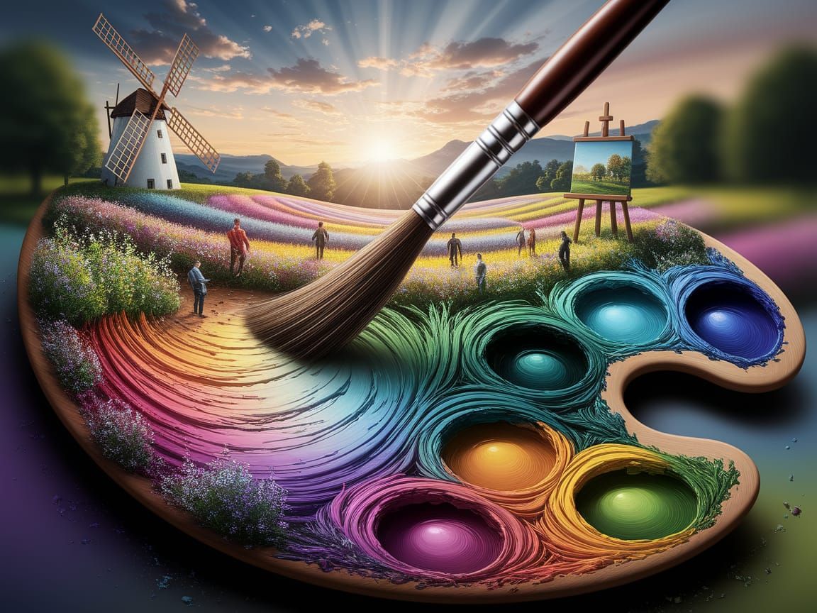 Surreal Fantasy Painter's Palette in Whimsical Landscape