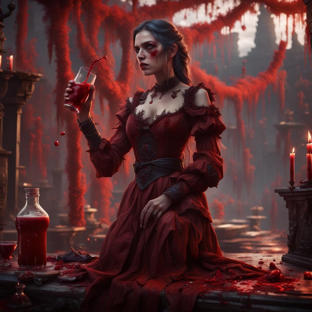 Intricate Fantasy Girl Drinks Blood in Detailed Painting