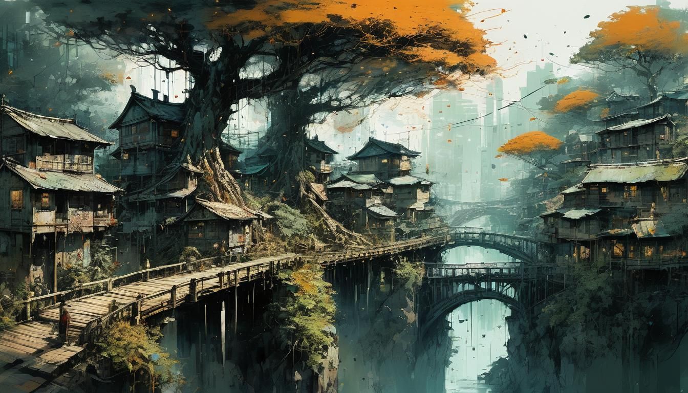 Ink Splatter Art: Tree Village by Waterhouse Style