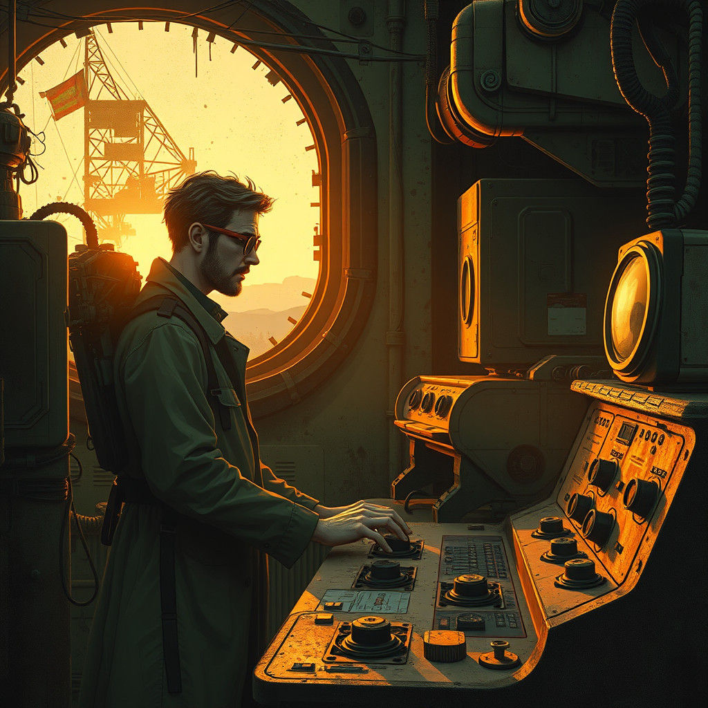 Scientist in Abandoned Lab, Retro-Futuristic Style