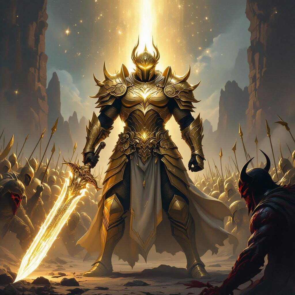 Golden Warrior of Celestial Power in Epic Fantasy Art