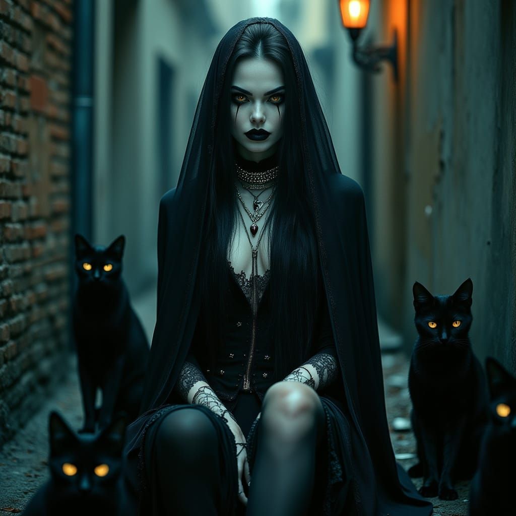 Gothic Vampiress in Dimly Lit Alleyway