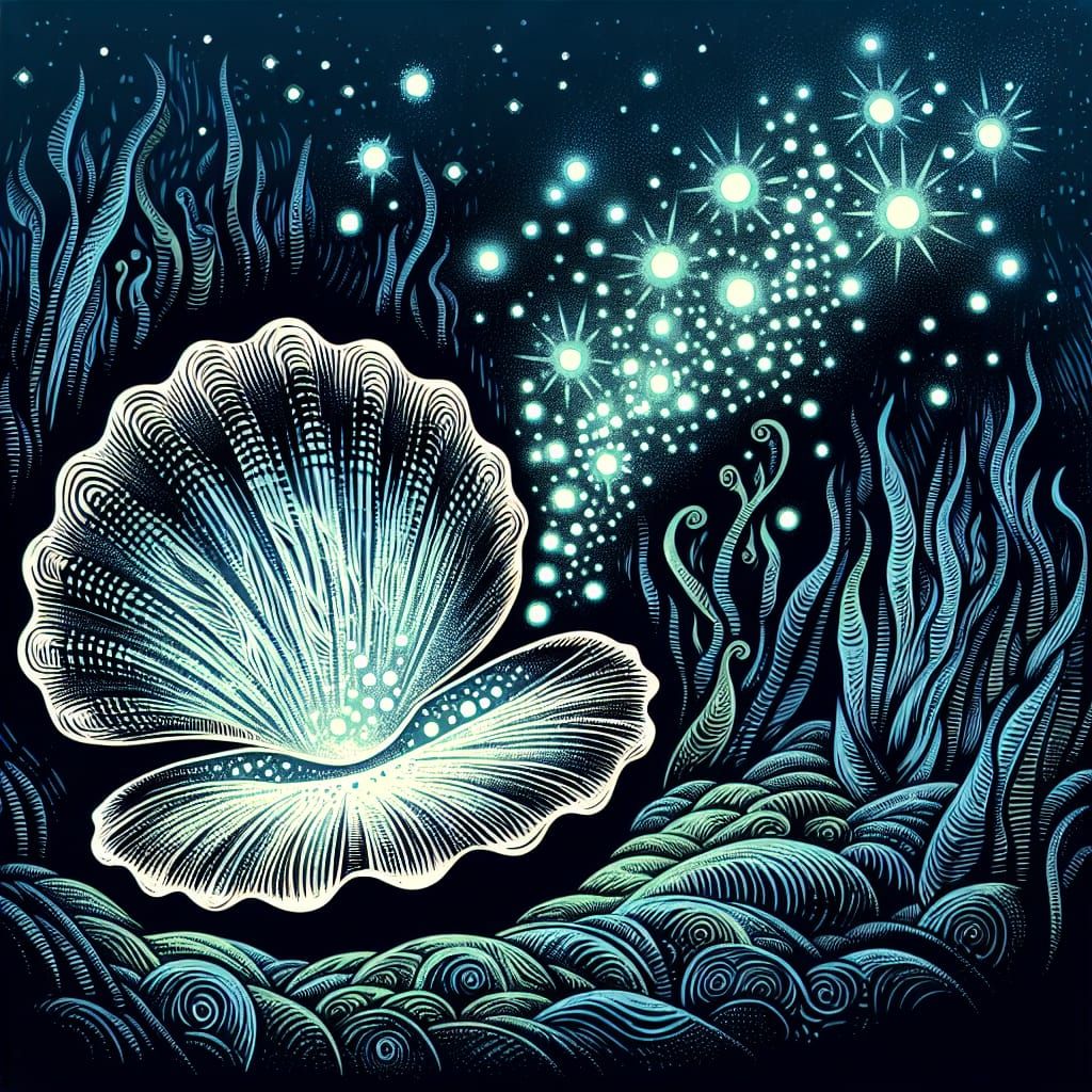 Bioluminescent Clam: Linocut Style Aquatic Wonder
