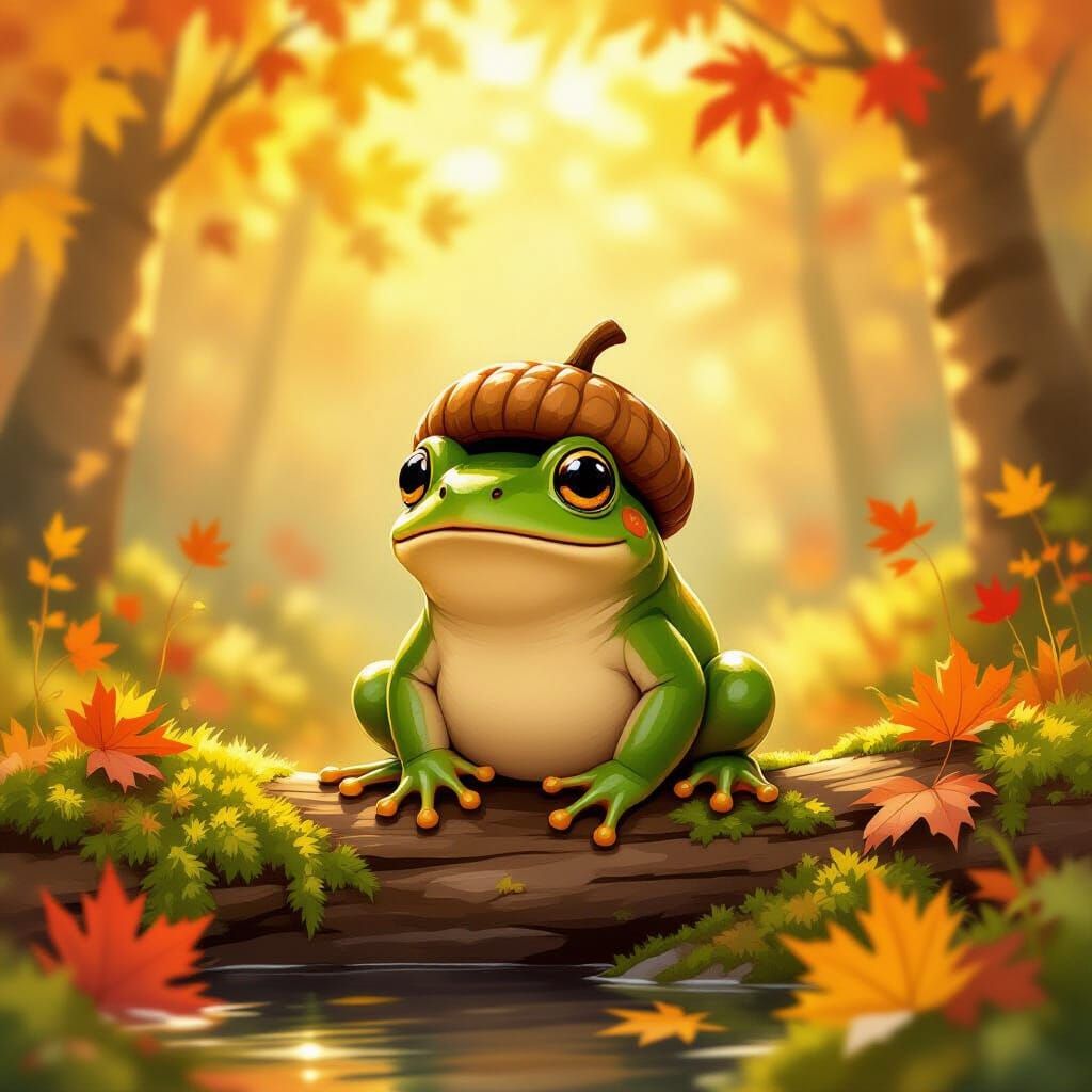 Cute Frog in Autumn Forest Storybook Style