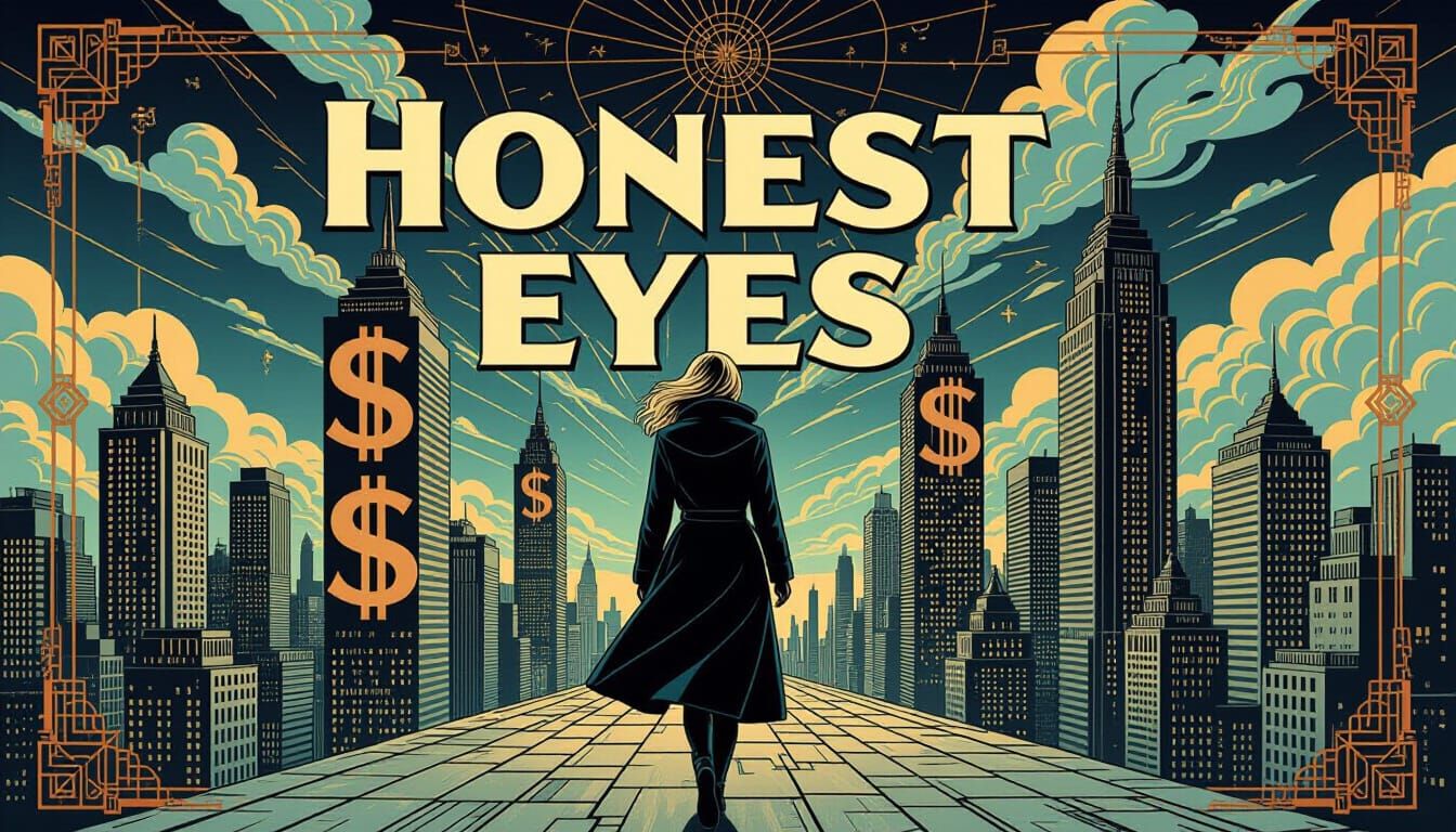 Woman Walks Away from Dollar Sign Skyscrapers in Art Deco St...