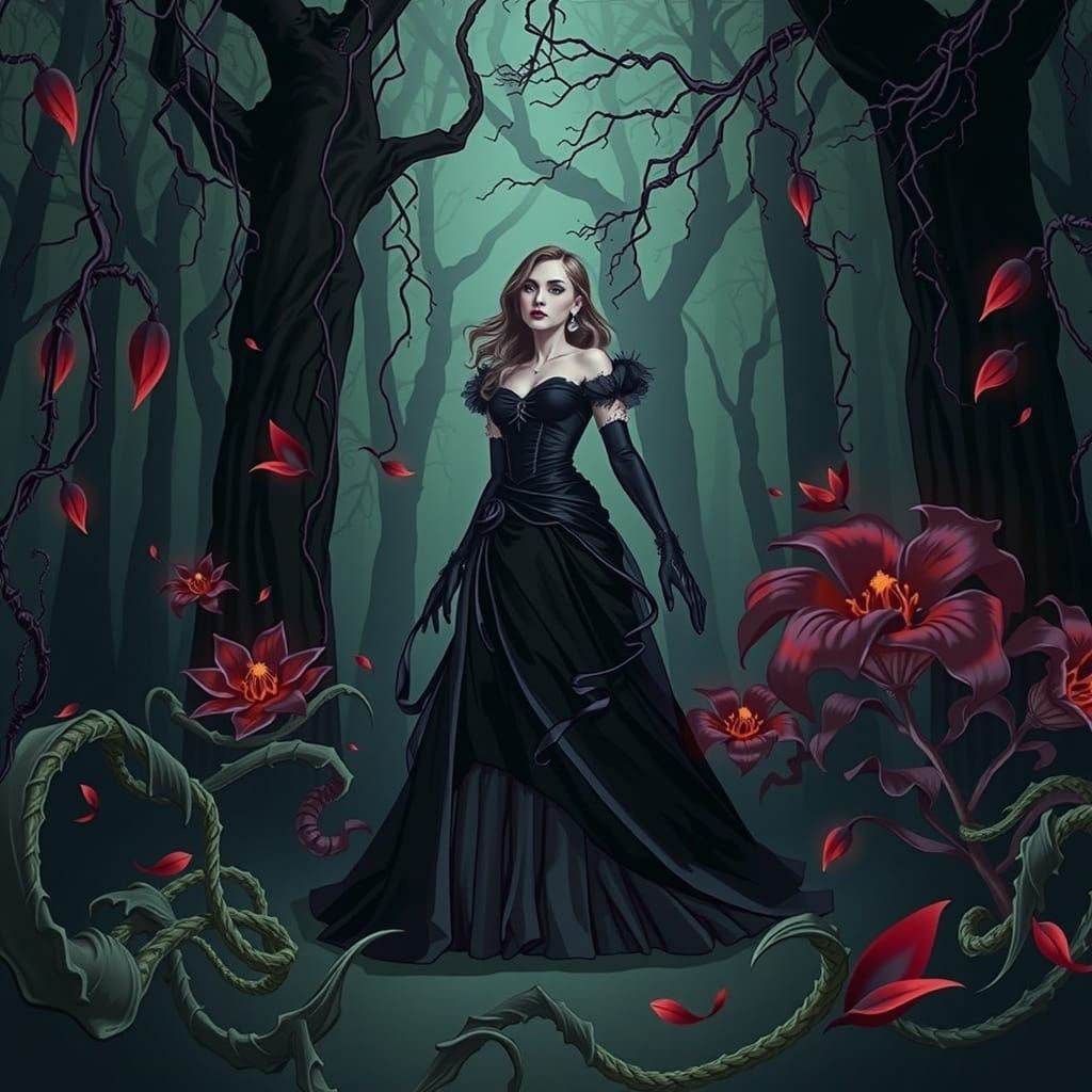 Victorian Woman with Poisonous Plants in Moody Atmosphere