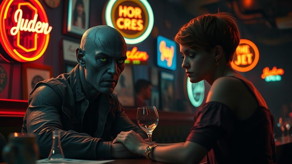Mutant's Awkward Date in Neon-Lit Bar