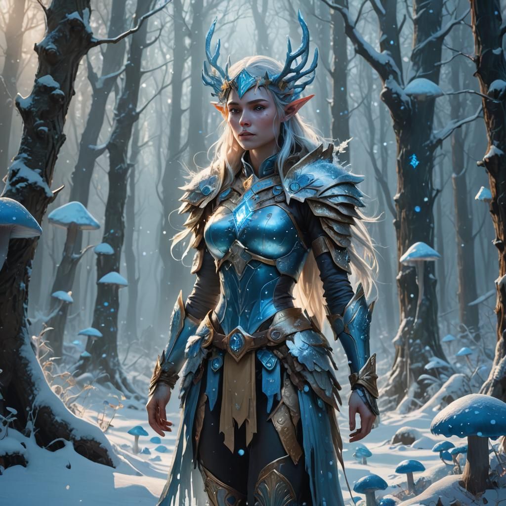 Winter Elf in Enchanted Forest, Fantasy Art