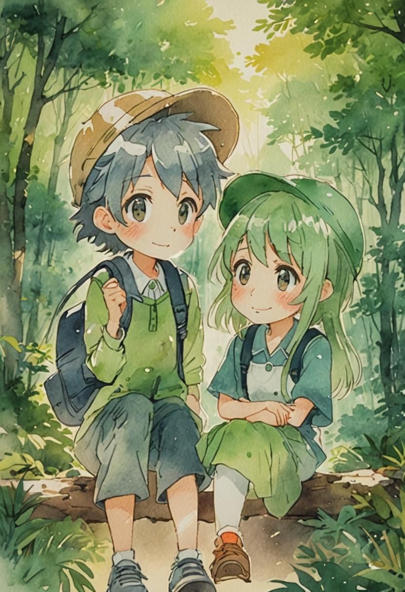 Serene Anime Couple Strolling in a Vibrant Forest Landscape