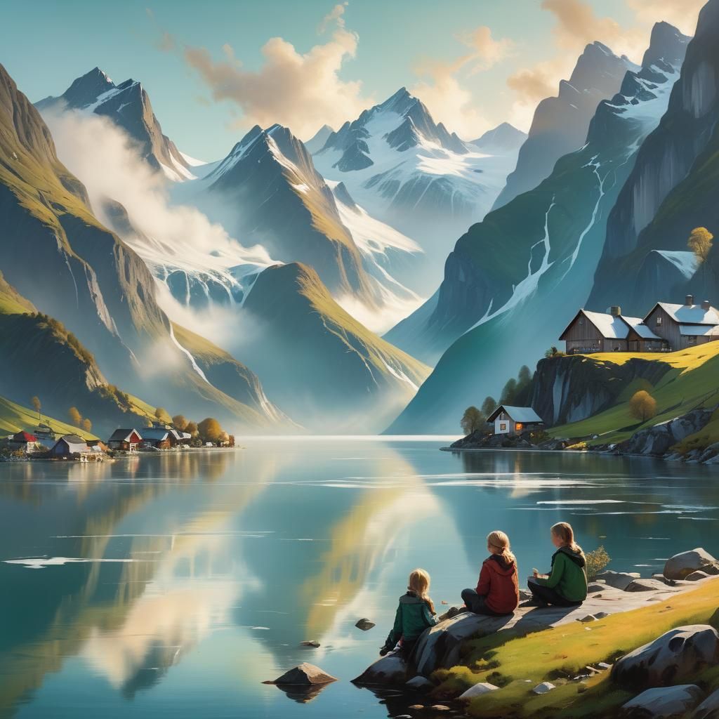 Fjord Village at Golden Hour with Misty Mountains