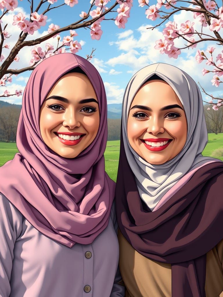 Smiling Muslim Friends in Vibrant Spring Comic Book Art