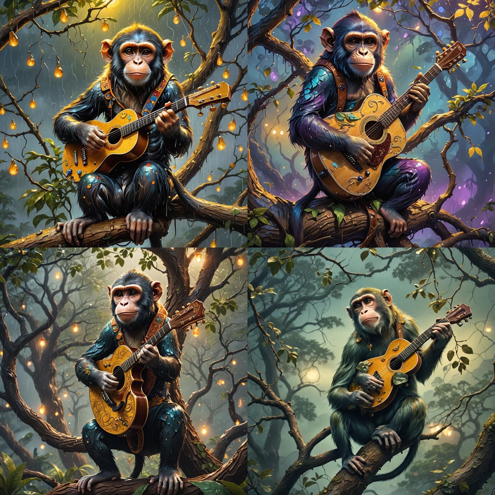 Monkey Playing Guitar in Rainy Forest: Fantasy Art