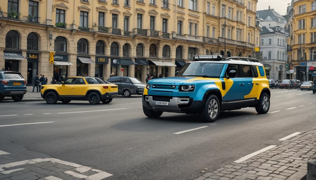 Ukrainian Land Rover Defender in Cityscape