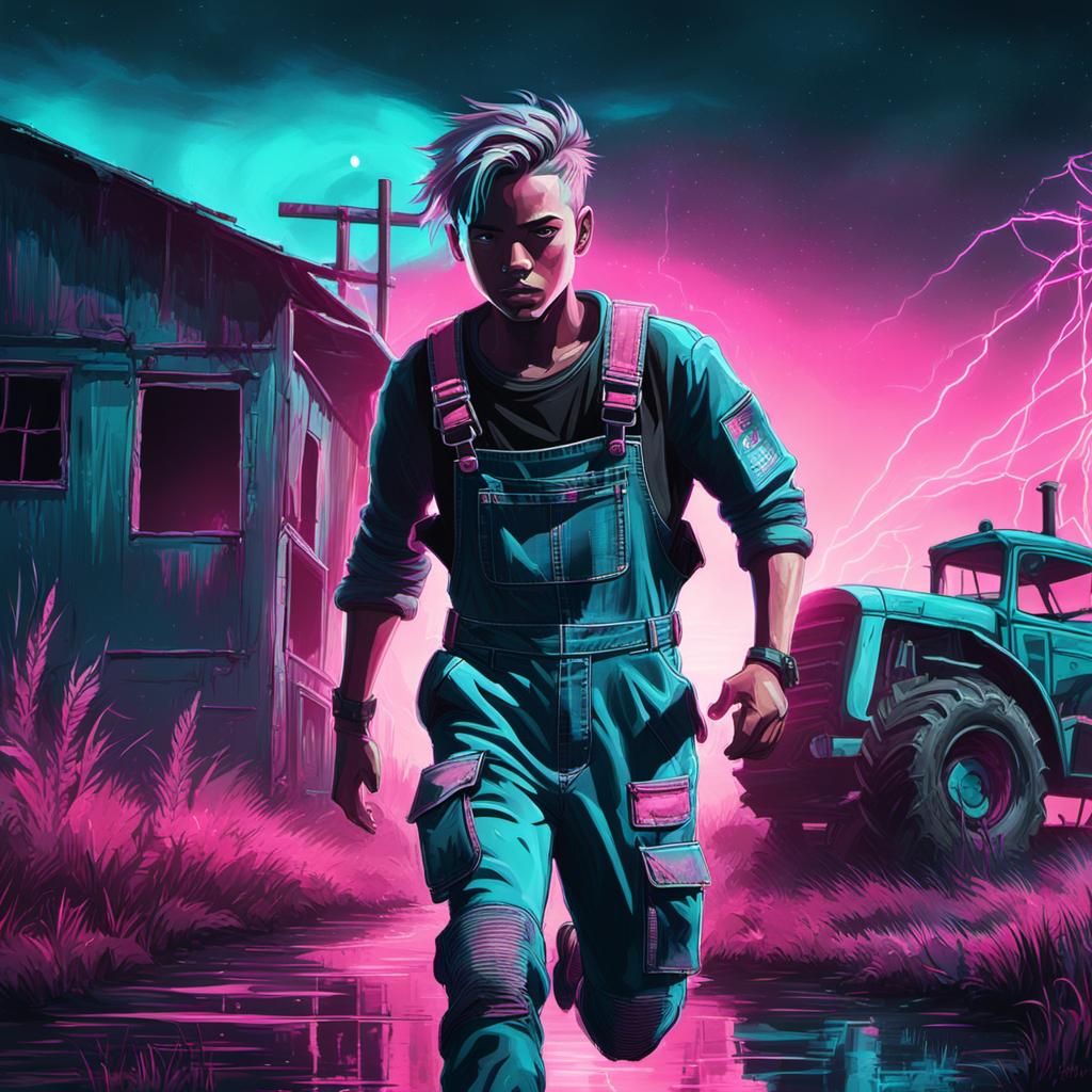 Cyberpunk Runaway: Neon Moonlight on the Farm