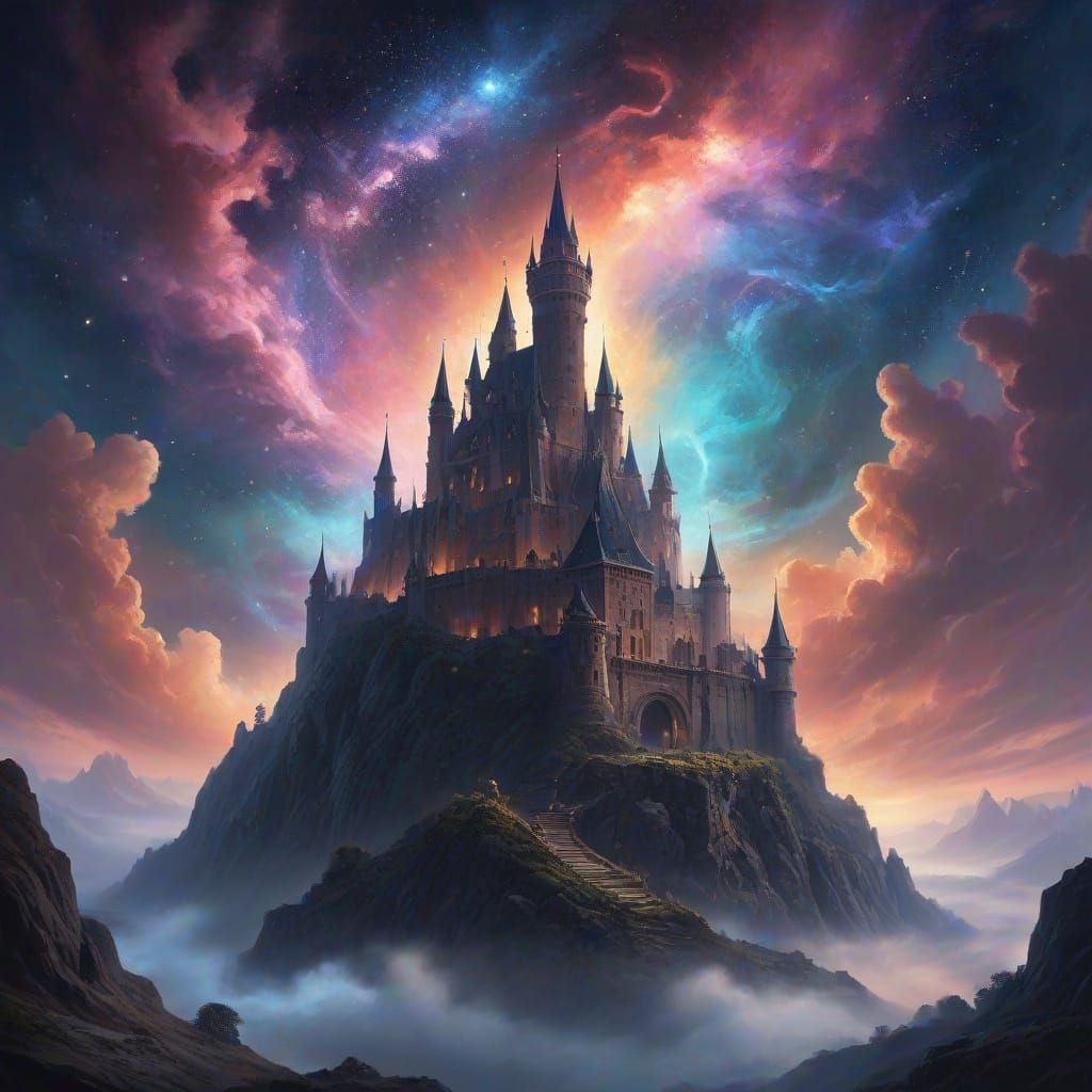 Ancient Cosmic Castle Against Nebula, Painterly Realism