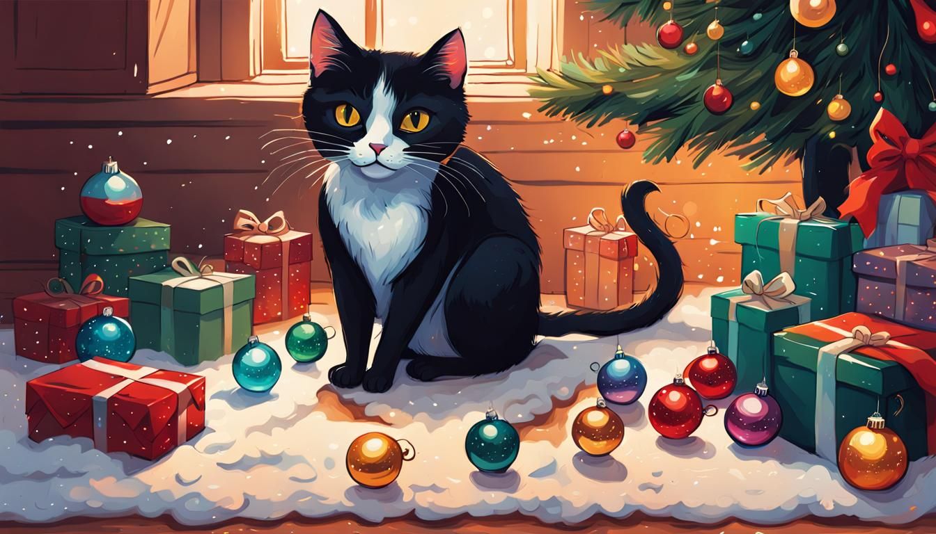 Black Cat Plays with Christmas Ornament