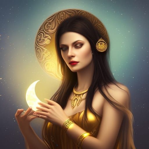 Celestial Woman Holding the Moon: Digital Art