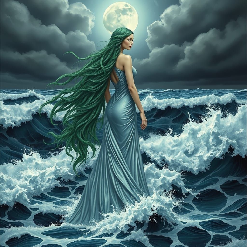 Majestic Ocean Goddess in Emerald Green Locks and Shimmering...