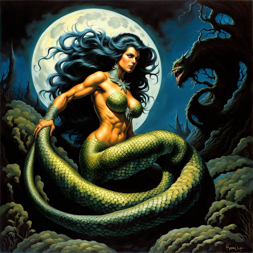 Fierce Scaled Mermaid in Moonlit Forest