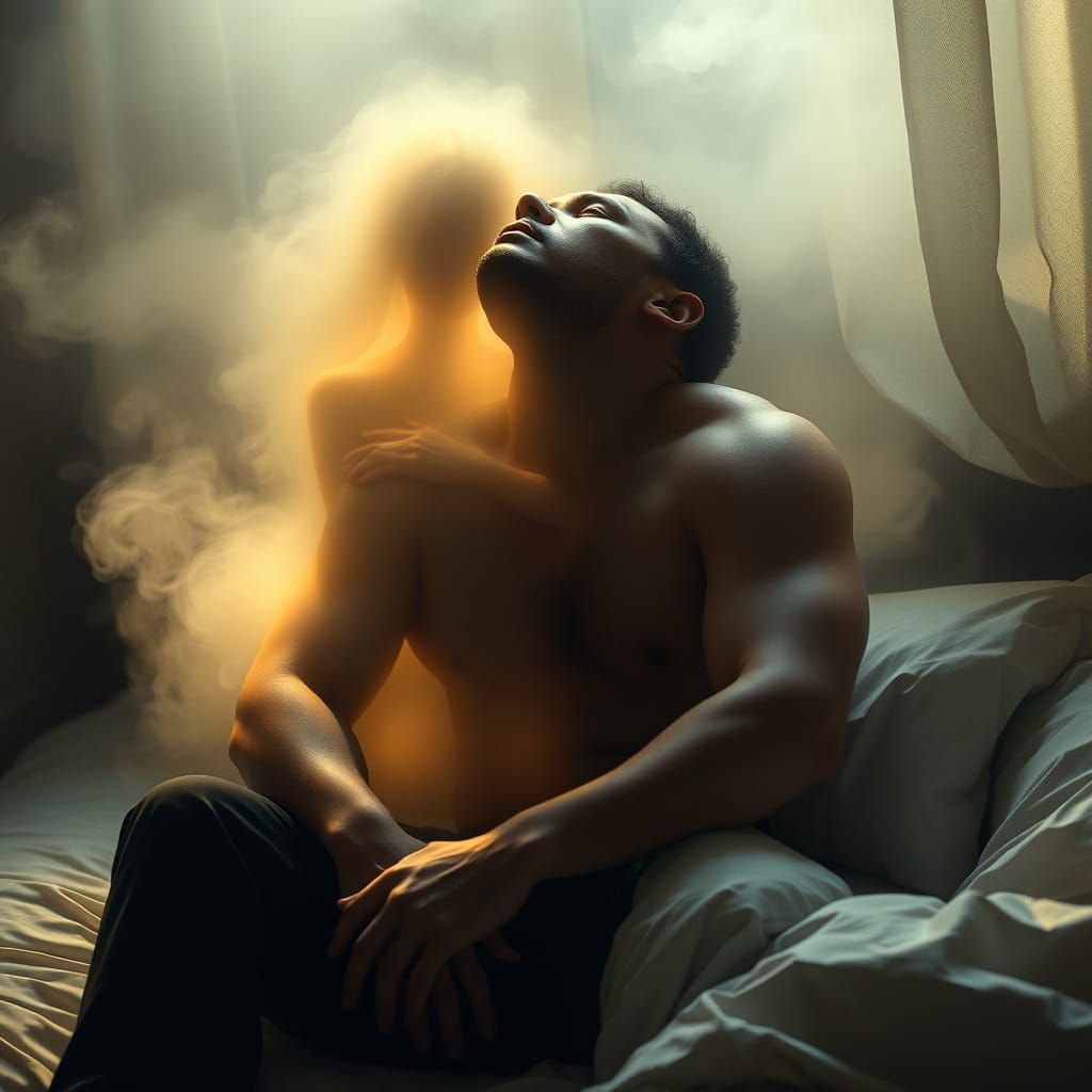 Ethereal Soul Beside a Man in Moody Lighting