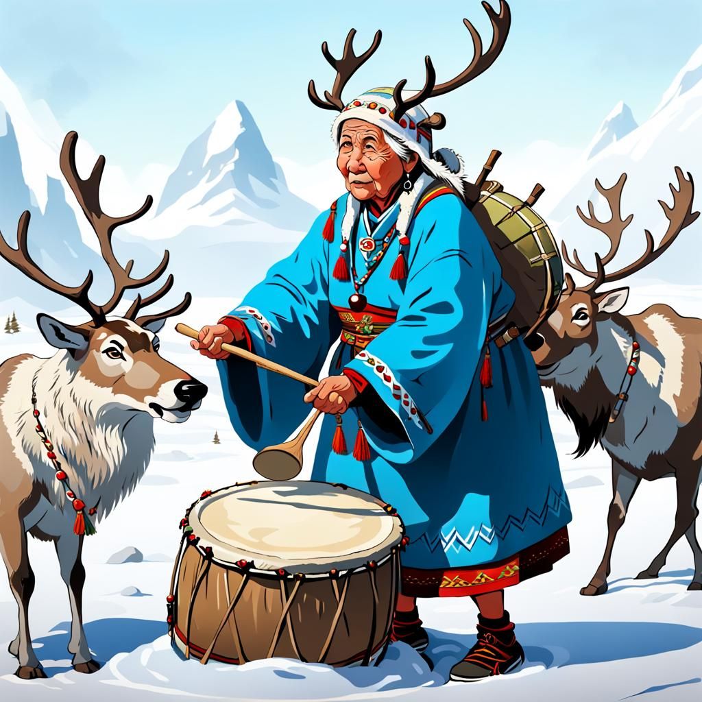 Siberian Shaman Ritual in Disney Rockwell Style