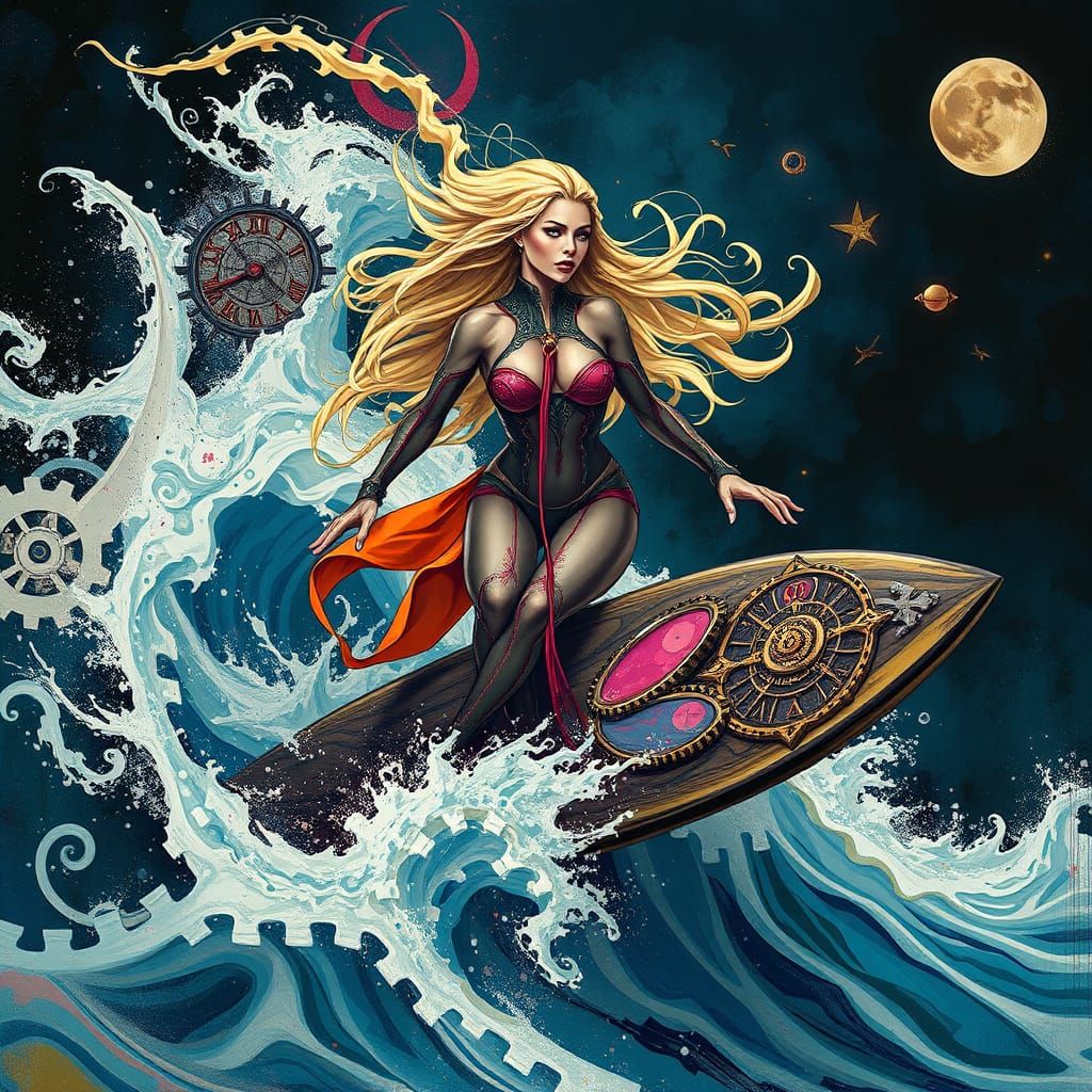 Ethereal Dark Fantasy Surfer Riding Waves of Time