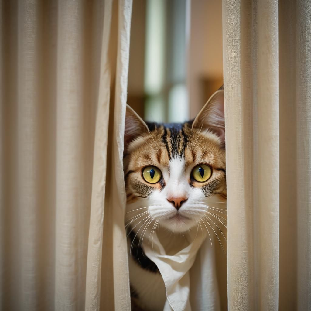 Frightened Cat Hiding in a Curtain: Portrait Photography