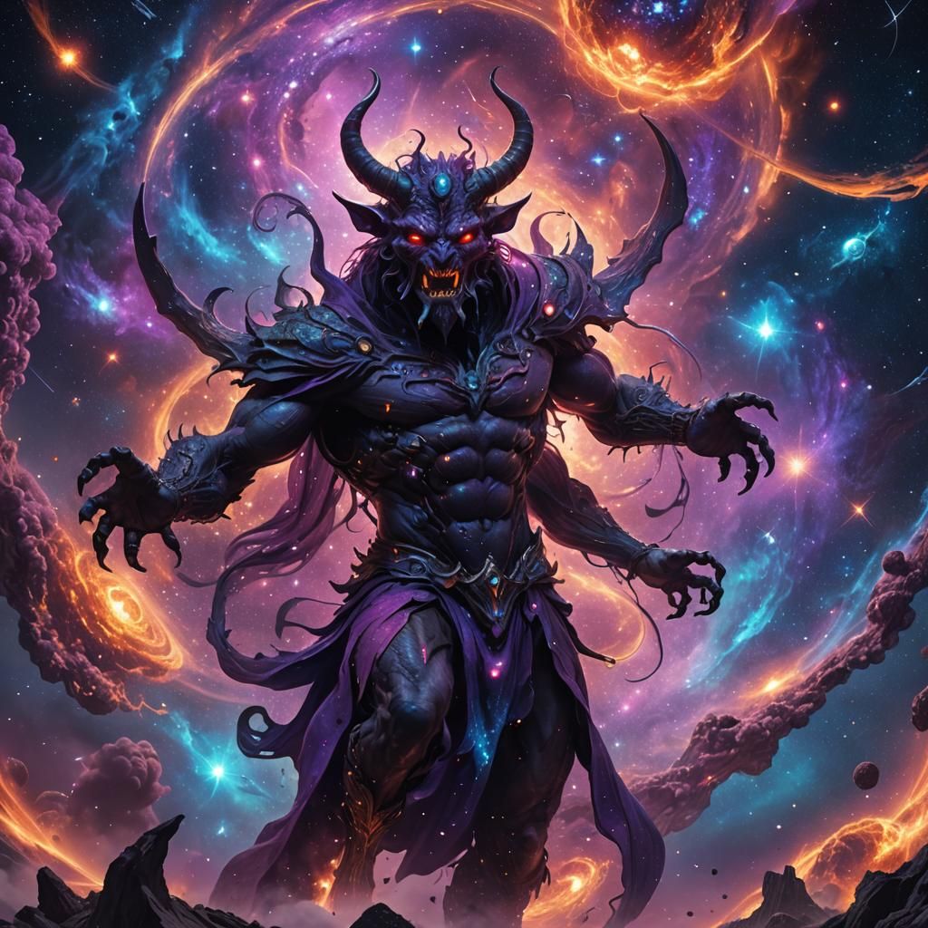 Demon Emerges from Cosmic Fabric in Fantasy Art