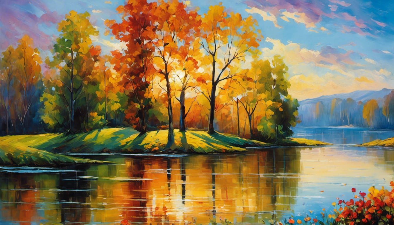 Impressionistic Waterscape with Rolling Hills and Mist