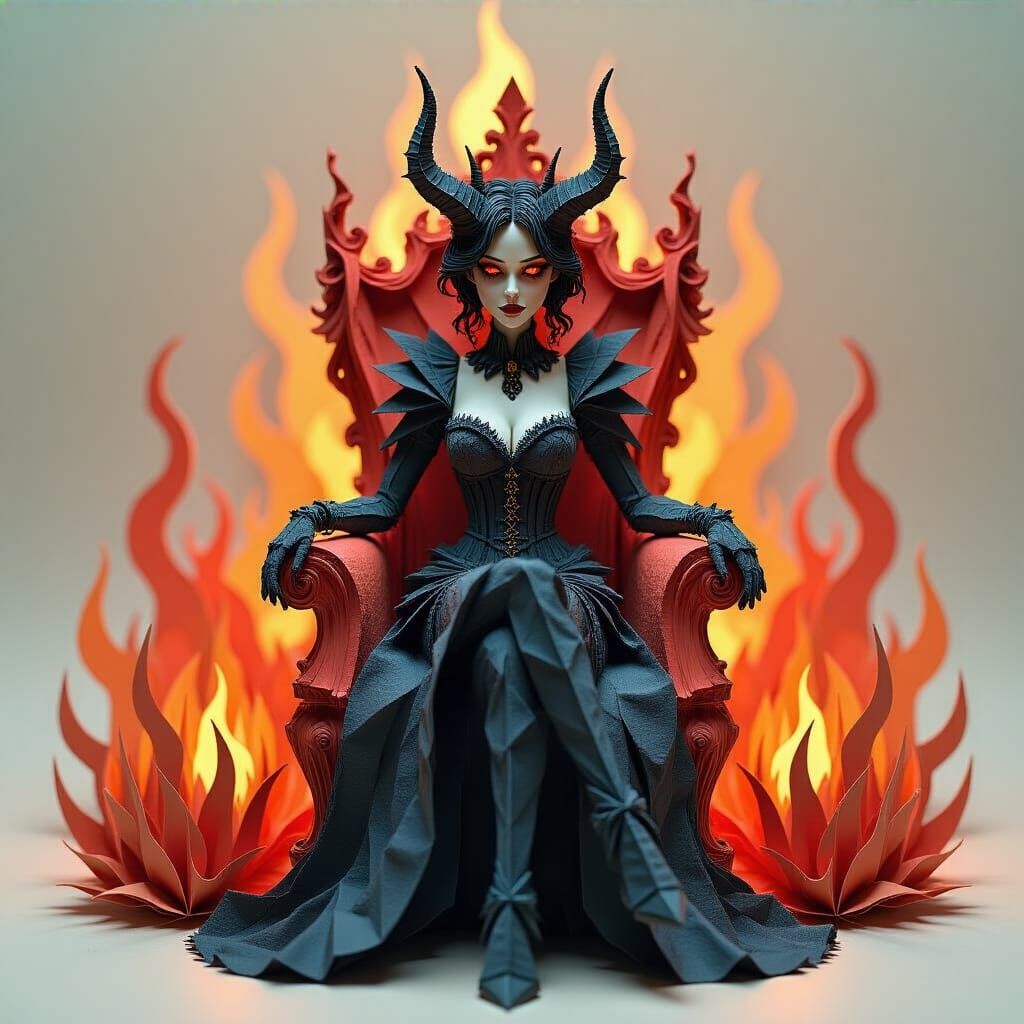 Fiery Demoness on Paper Throne in Baroque Origami Style
