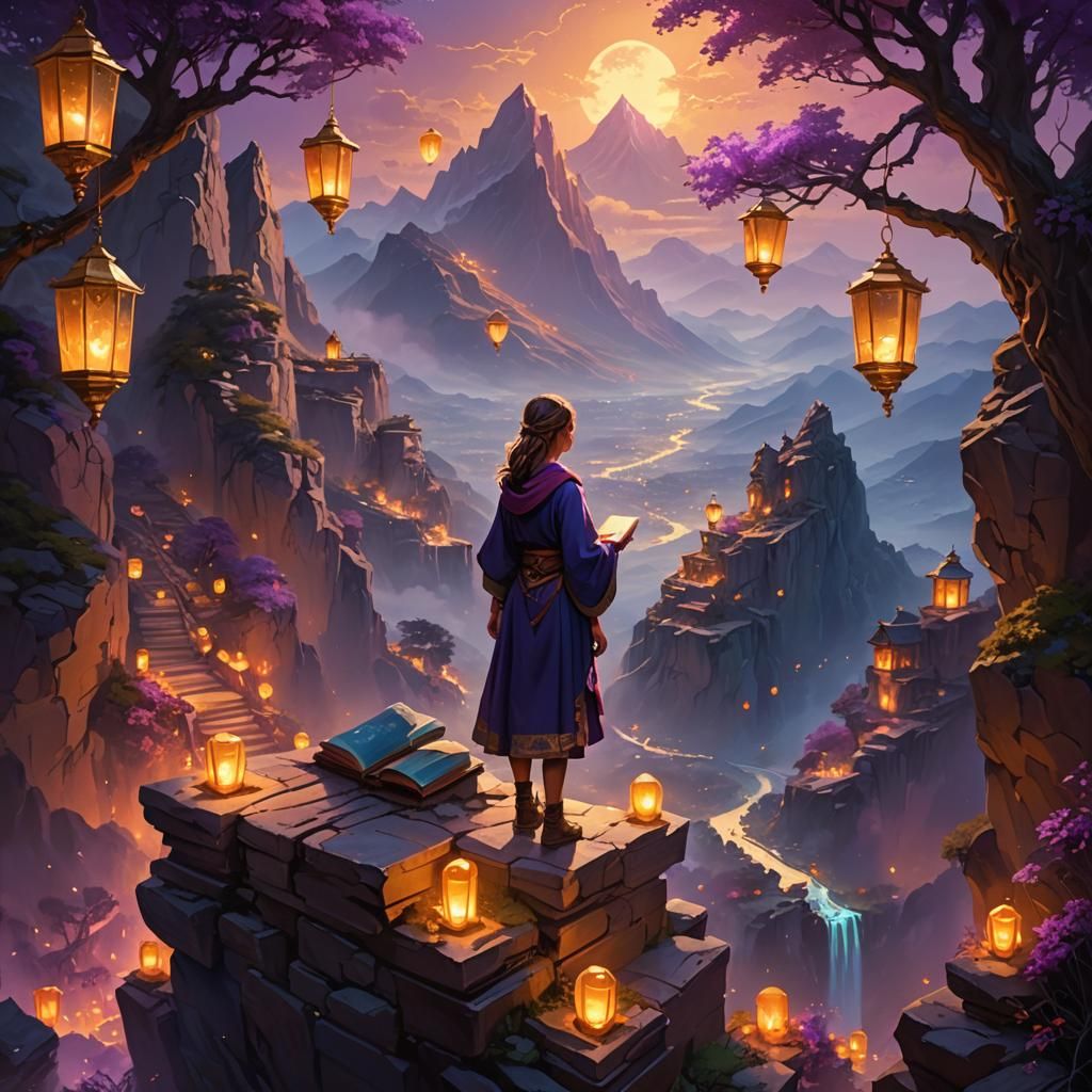 Mystical Mountain Ledge: Fantasy Oil Painting