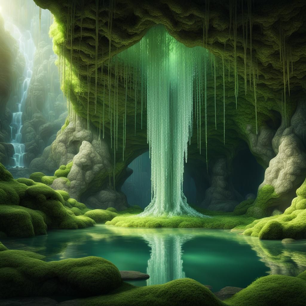 Stunning Crystal Cave with Waterfall and Moss
