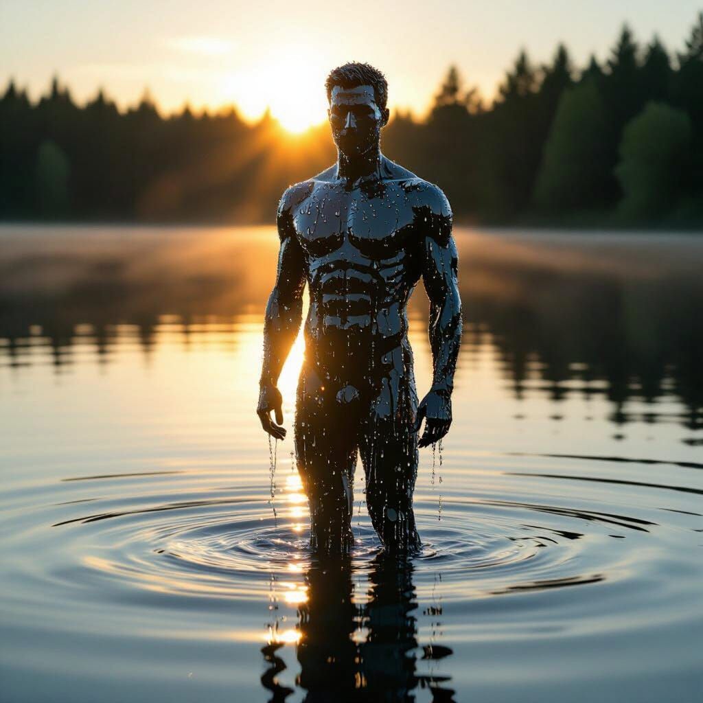 Man Formed From Water Droplets in Golden Hour Lake