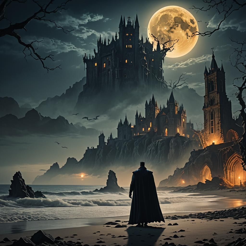 Dracula on the Beach Under Full Moon
