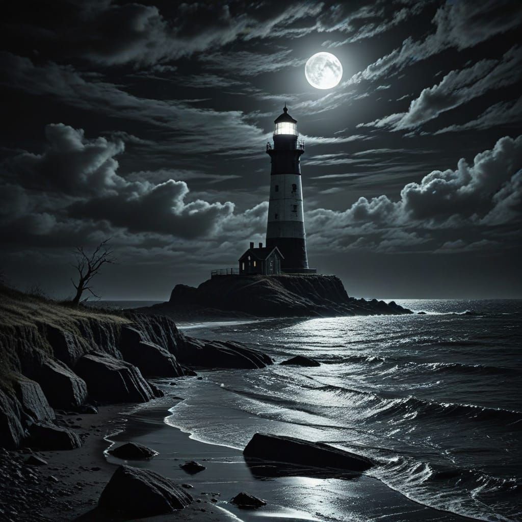 Ominous Lighthouse on Desolate Shore in Scratchboard Style