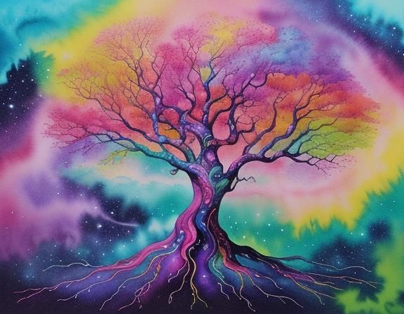 Rainbow Tree in Maximalist Galaxy: Watercolor Illustration