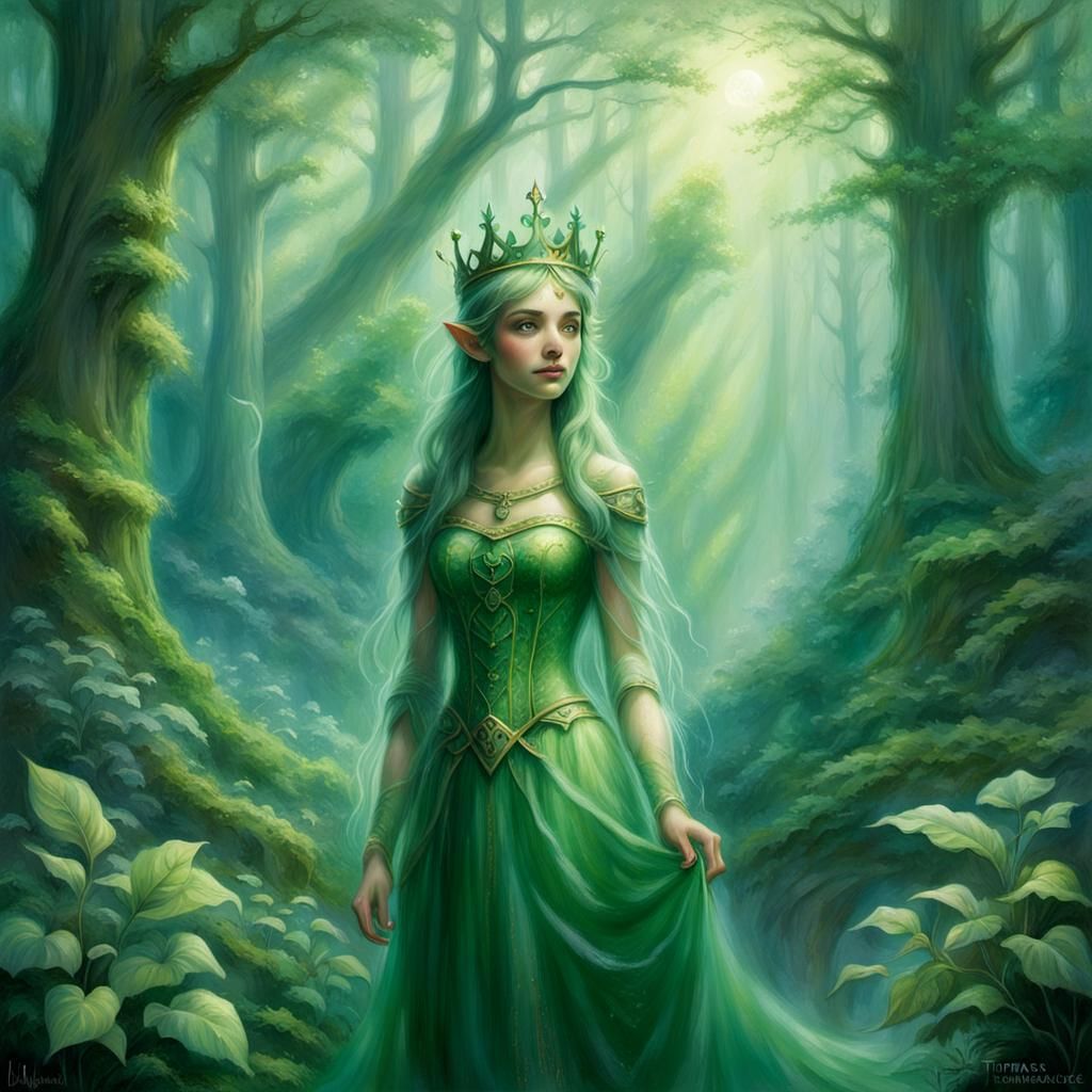 Green Elfin Girl in Forest, Ethereal Fantasy Art