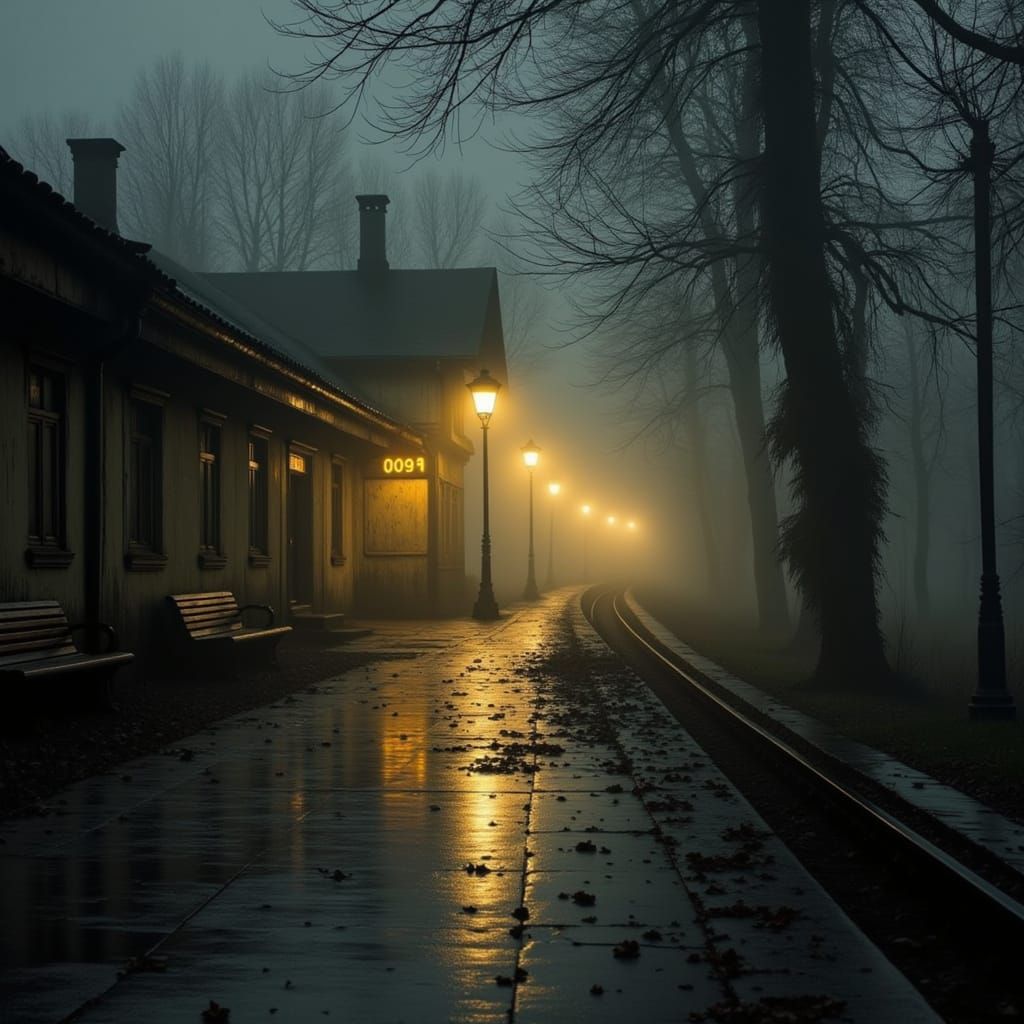 Eerie Abandoned Train Station in Mysterious Fog