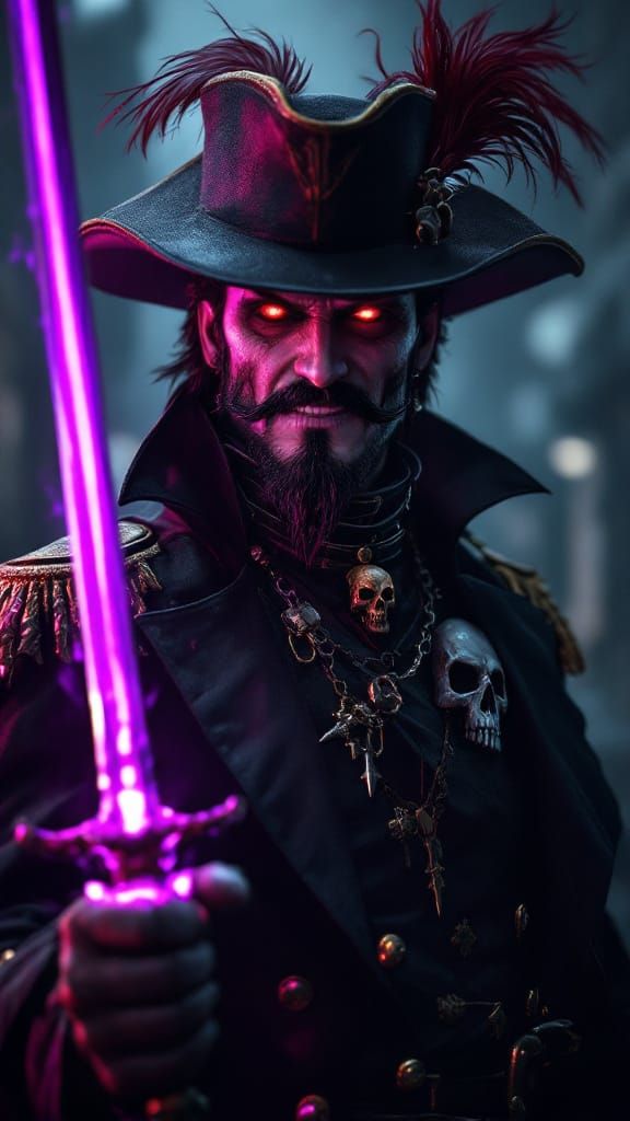 Dark Fantasy Musketeer with Skull Uniform and Violet Rapier