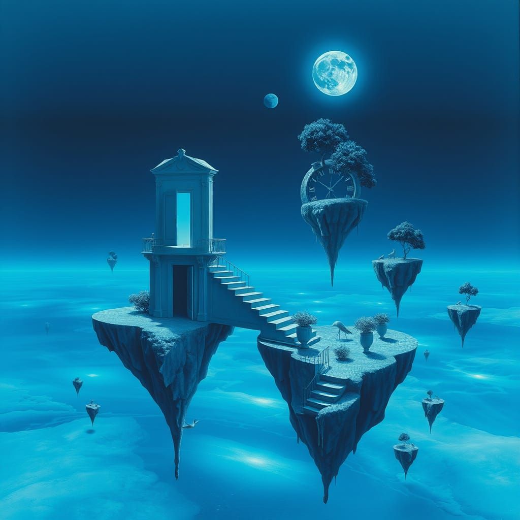 A surrealist dreamscape dominated by deep and luminous shades of blue, where reality dissolves into imagination. Endless...