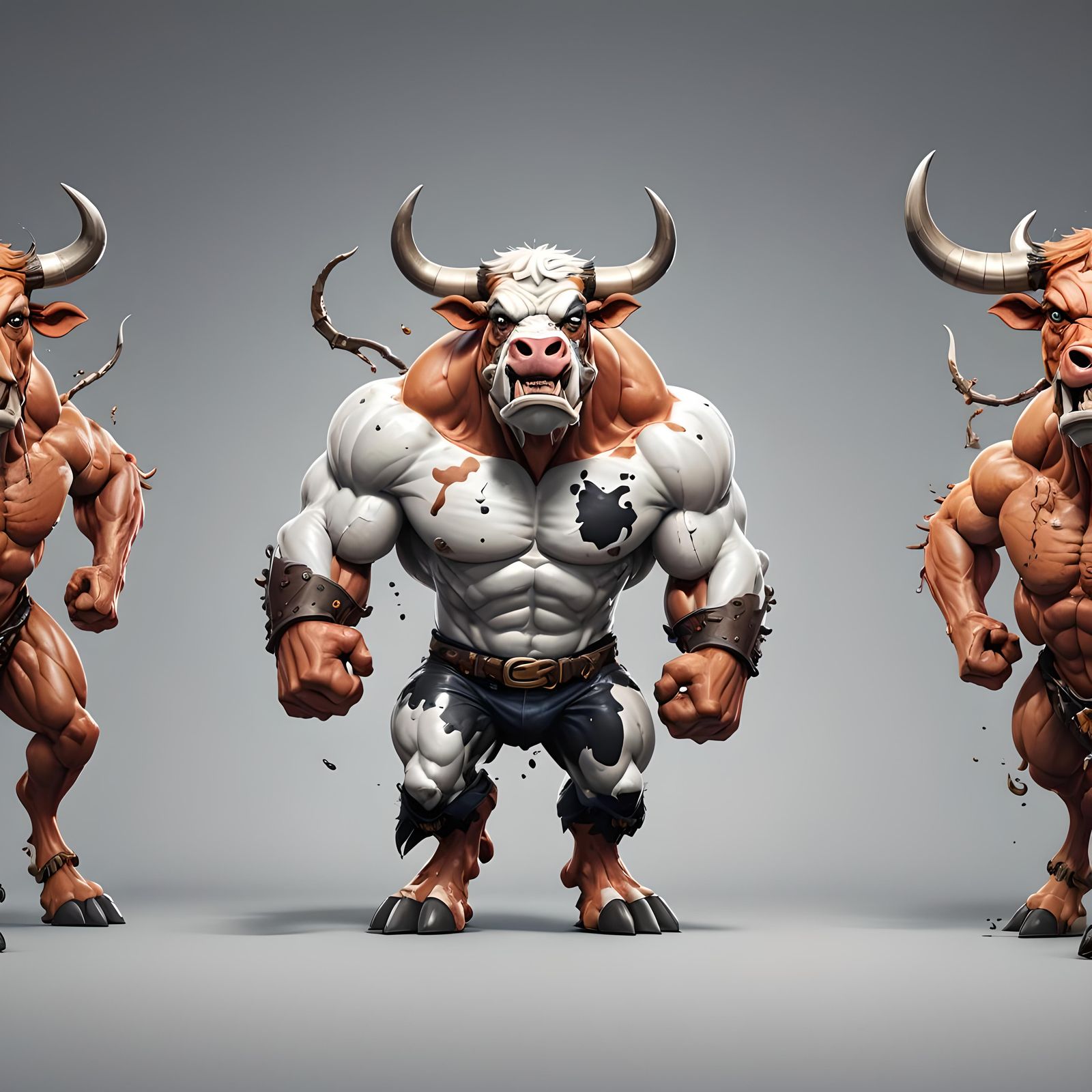 Muscle bound cartoon angry cow. White background.