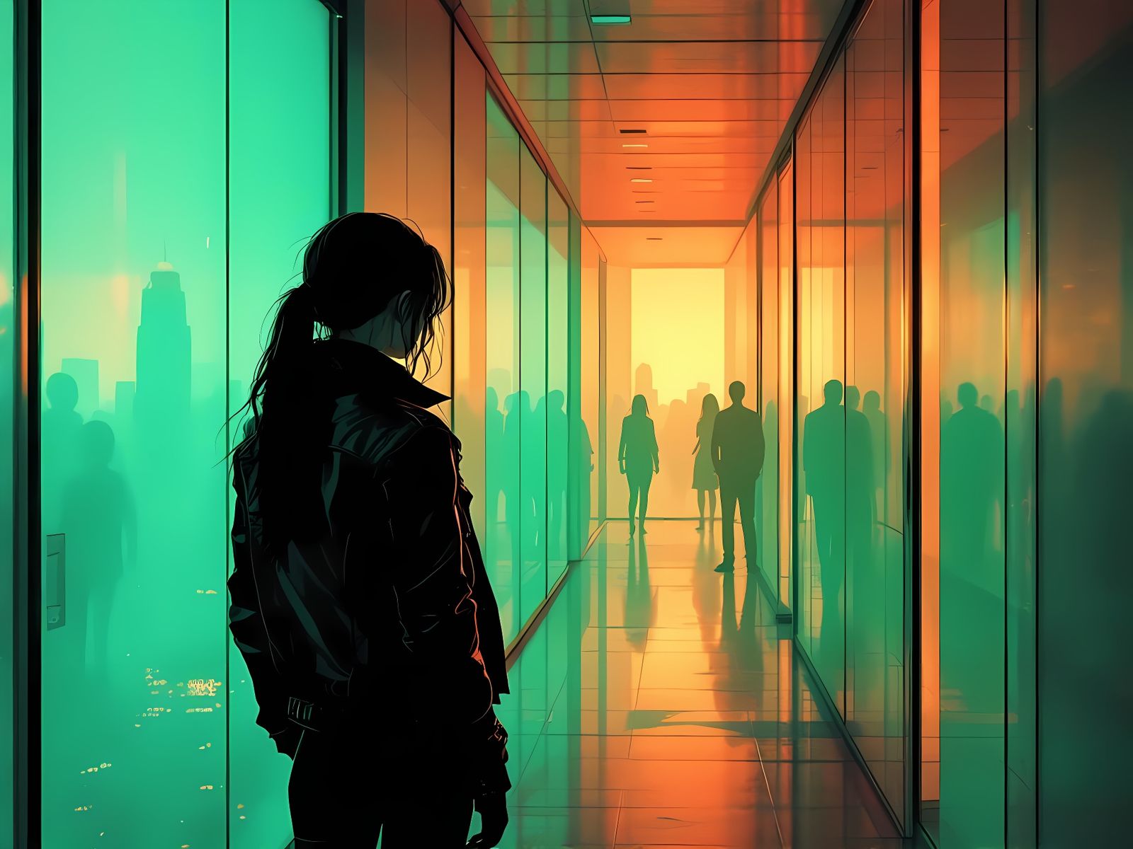 Cyberpunk Courier in Neon Skyline Hallway