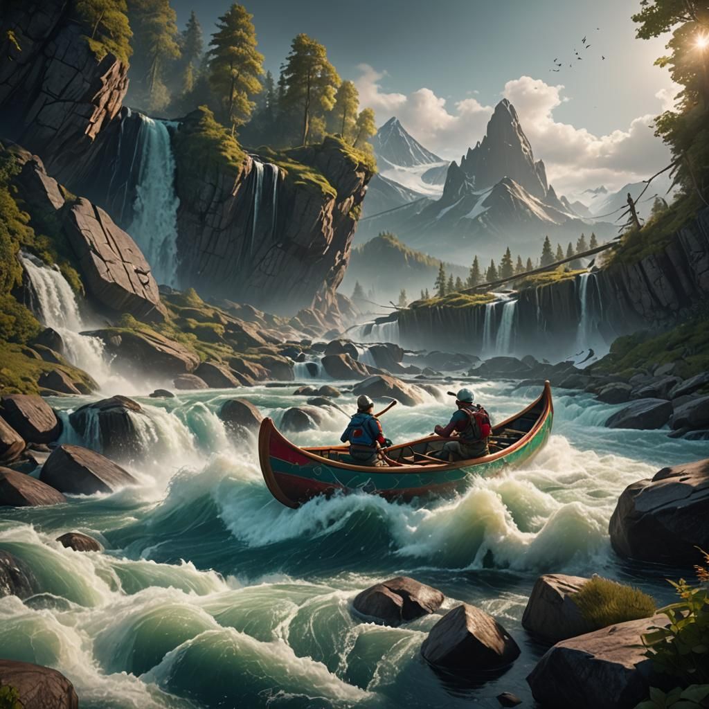 Canoe on River Rapids: Detailed Matte Painting